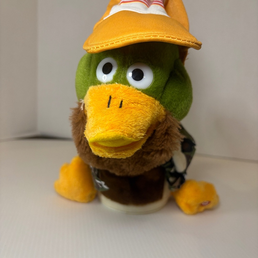 Gemmy Plush Trucker Duck in Cameo Vest & Flag Hat Sings “ON THE ROAD AGAIN”Works